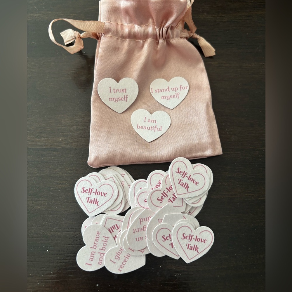 Heart-Shaped Affirmation self love talk Tokens with Satin Pouch